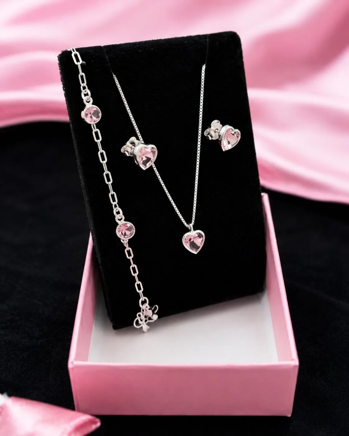 Conjunto Coração Rosa Cristal — conjunto de prata